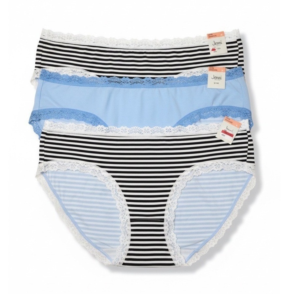 Jenni Intimates XXXL Hipster Panties Pale Blue Ink Stripe Lace Trim Lot of 3 NWT